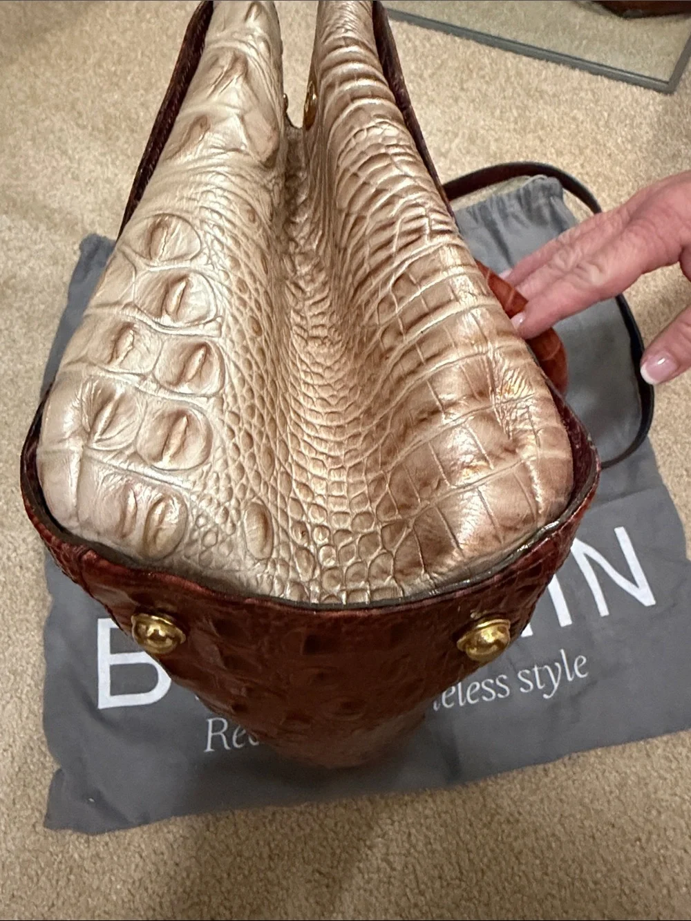 Brahmin Two-Tone Croc-Embossed Satchel in Chestnut Brown and Cream